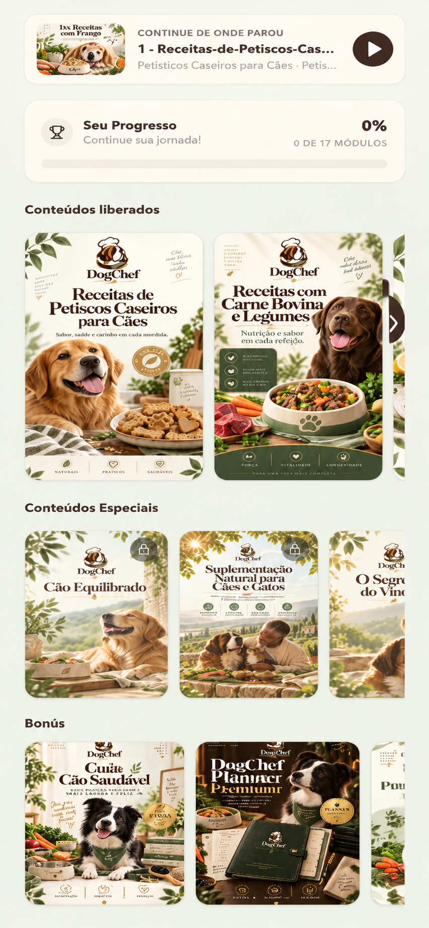 Captura da tela do DogChef com progresso, receitas liberadas, conteúdos especiais e bônus