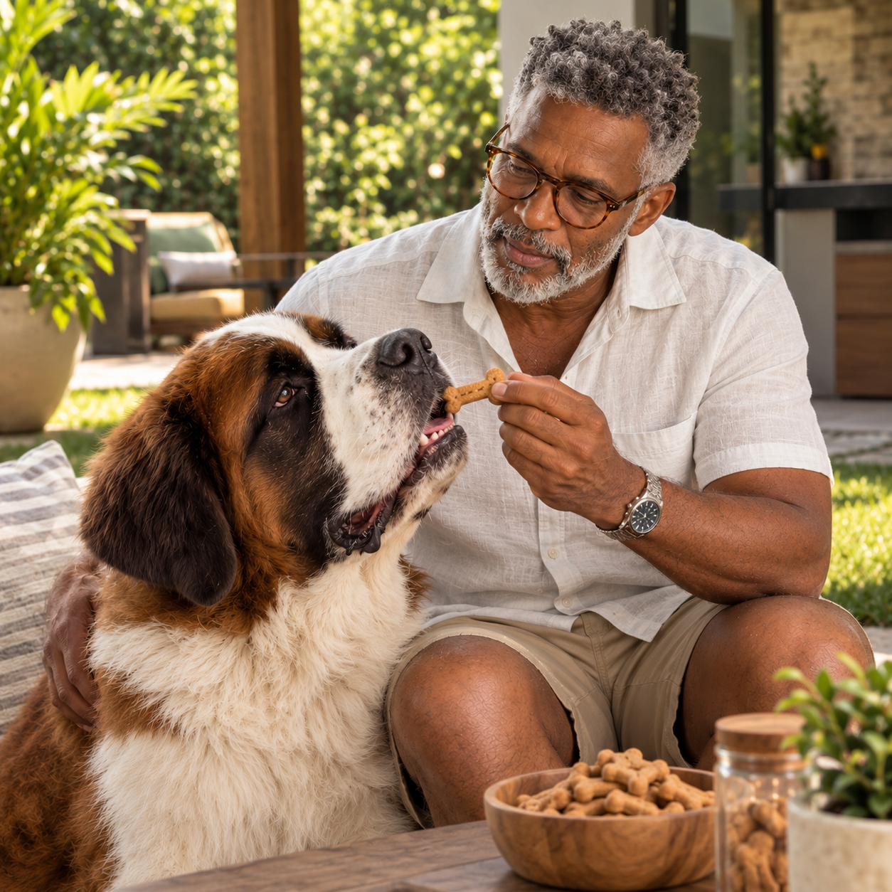 Julian Finch e o cão Beethoven juntos, personagens ilustrativos do DogChef